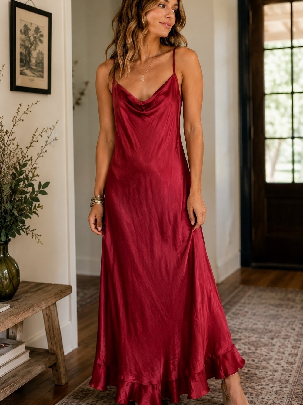 NWT Ruby Red Satin Cowl Neck Maxi Dress Women's Large - Picture 5 of 6